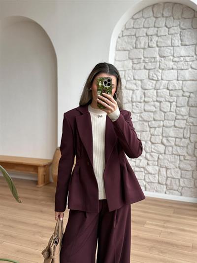 Beli Piliseli Mürdüm Ceket-Pantolon Takım