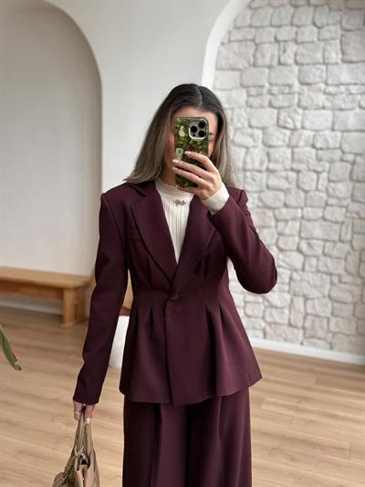 Beli Piliseli Mürdüm Ceket-Pantolon Takım