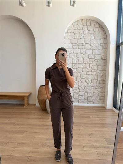 Beyaz Biyeli Kısa Kollu Tshirt Pantalon Kahverengi Takım