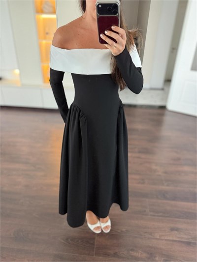 Beyaz Madonna Yaka Siyah Elbise