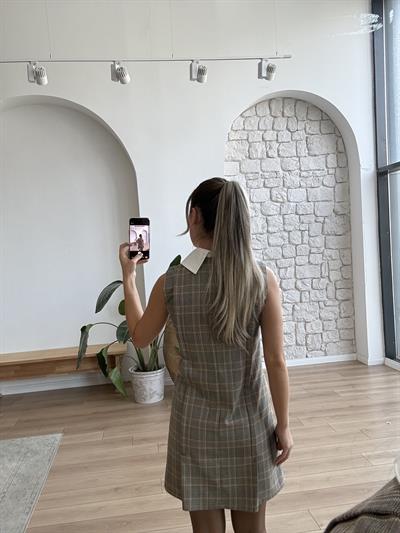 Beyaz Yakalı Ekose Desen Elbise