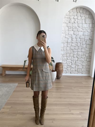Beyaz Yakalı Ekose Desen Elbise