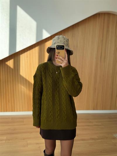 Bisiklet Yaka Saç Örgülü Haki Kazak