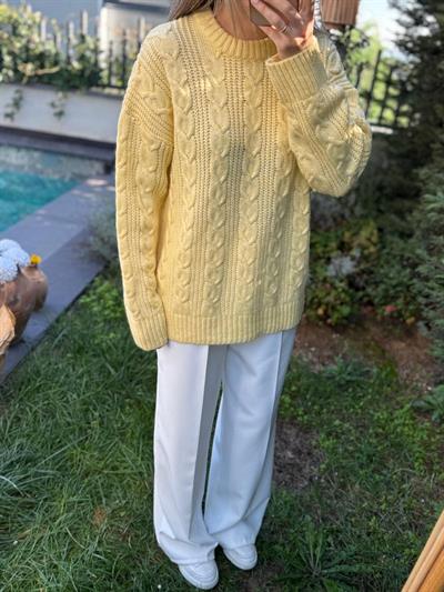 Bisiklet Yaka Saç Örgülü Sarı Kazak
