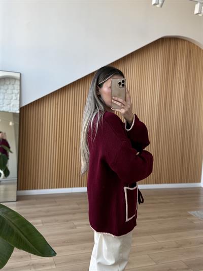 Biyeli Cep Detaylı Önü Bağlamalı Bordo Hırka