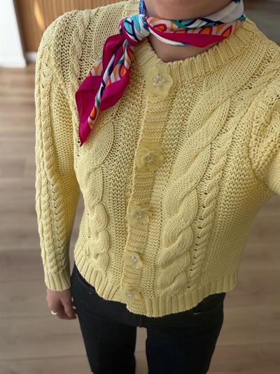 Boncuk Çiçek Düğmeli Saç Örgülü Sarı Hırka