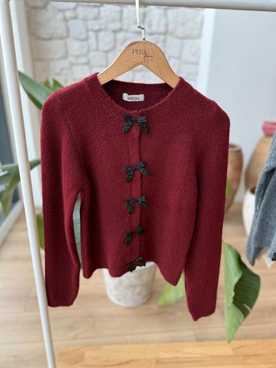 Boncuk Fiyonklu Çıt Çıtlı Bordo Hırka