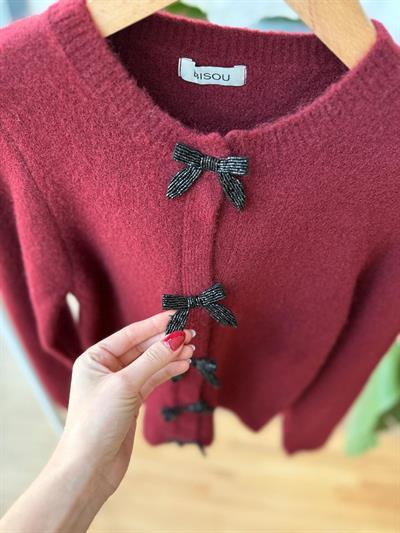 Boncuk Fiyonklu Çıt Çıtlı Bordo Hırka