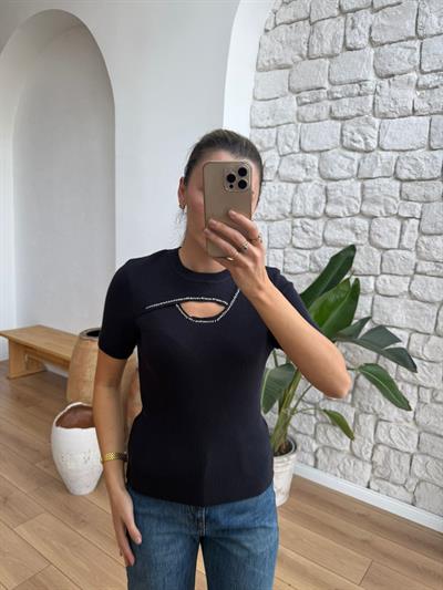 Boncuk Ve Göğüs Dekolteli Lacivert  Triko