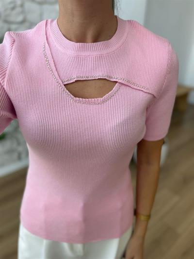 Boncuk Ve Göğüs Dekolteli Pembe Triko