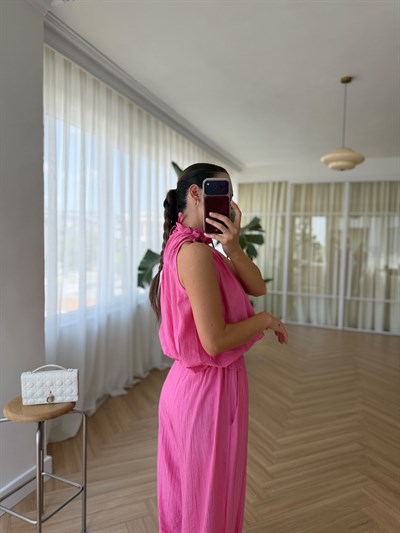 Boncuklu Fuşya Bluz Pantolon Takım