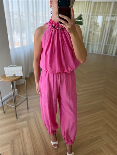 Boncuklu Fuşya Bluz Pantolon Takım