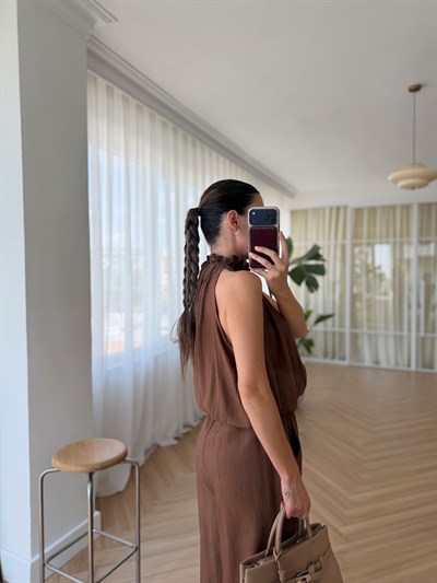 Boncuklu Kahverengi Bluz Pantolon Takım
