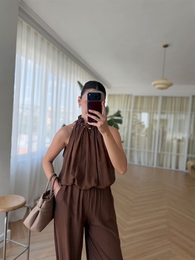 Boncuklu Kahverengi Bluz Pantolon Takım