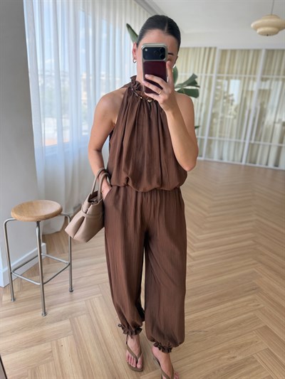 Boncuklu Kahverengi Bluz Pantolon Takım