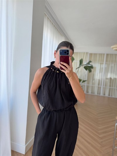 Boncuklu Siyah Bluz Pantolon Takım 