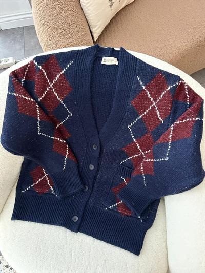 Bordo Baklava Desen Lacivert Hırka