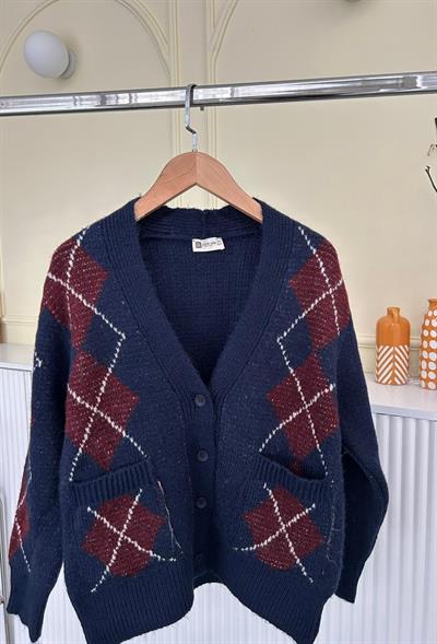 Bordo Baklava Desen Lacivert Hırka