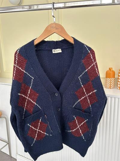 Bordo Baklava Desen Lacivert Hırka