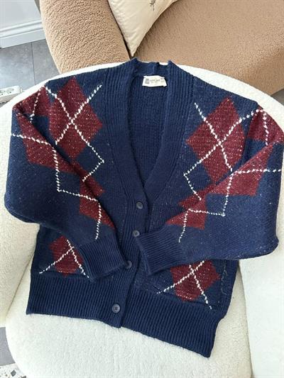 Bordo Baklava Desen Lacivert Hırka