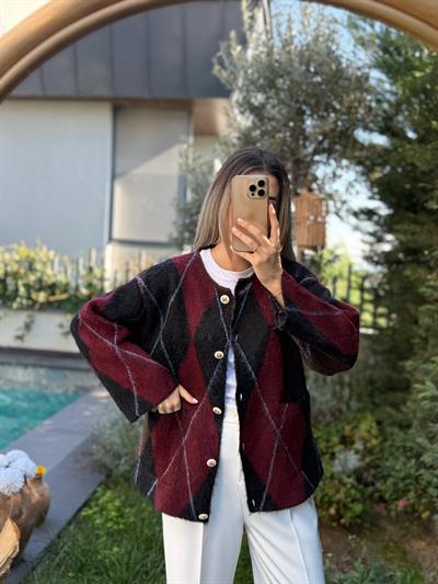 Bordo Baklava Desen Premium Hırka