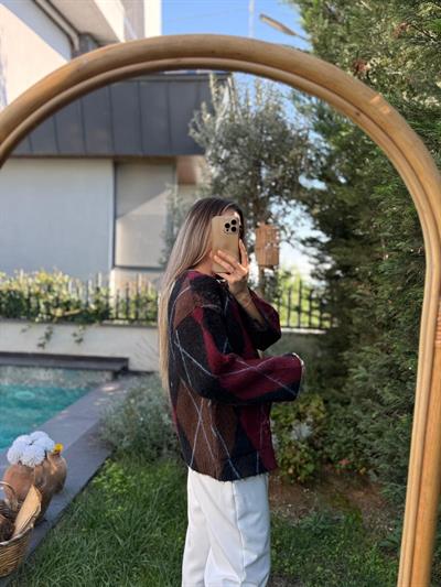 Bordo Baklava Desen Premium Hırka