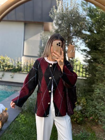 Bordo Baklava Desen Premium Hırka