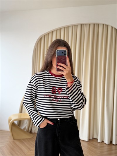 Bordo Biyeli Lacivert Çizgili Sweat