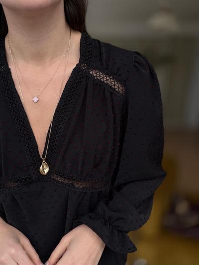 Bordo Dokulu Siyah Şifon Bluz