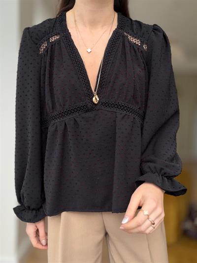 Bordo Dokulu Siyah Şifon Bluz