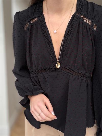 Bordo Dokulu Siyah Şifon Bluz