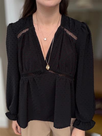 Bordo Dokulu Siyah Şifon Bluz