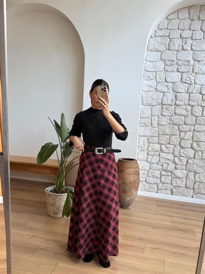 Bordo Siyah Ekose Desen Etek