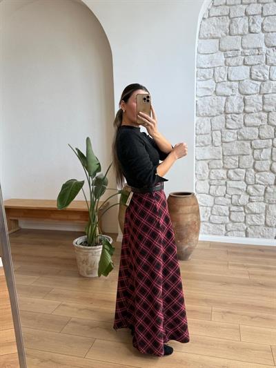 Bordo Siyah Ekose Desen Etek