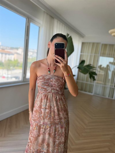 Boyundan Bağlamalı Boncuk  Detay Elbise 