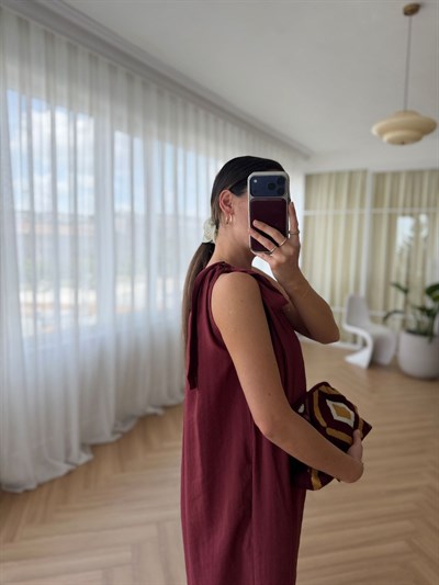 Boyundan Bağlamalı Bordo Tensel Elbise