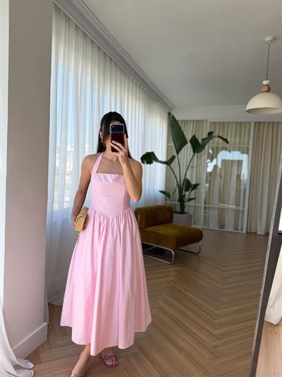 Boyundan Bağlamalı Pembe Elbise