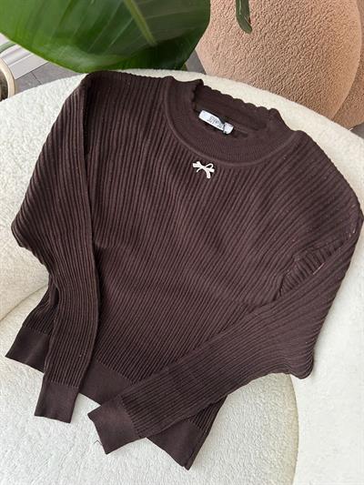 Broş Detaylı Acı Kahve Simli Bluz