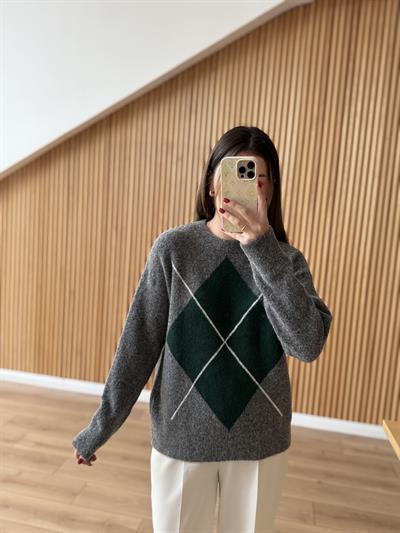 Büyük Baklava Desen Gri Triko Kazak