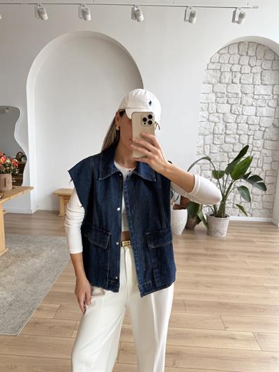 Büyük Cep Detaylı Denim Yelek