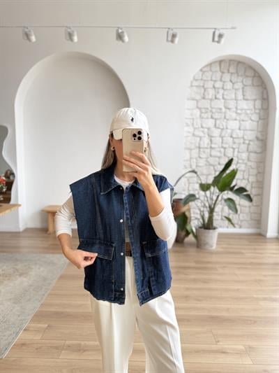 Büyük Cep Detaylı Denim Yelek