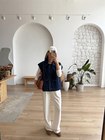 Büyük Cep Detaylı Denim Yelek