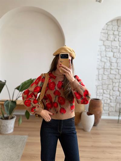 Camel-Kırmızı Floral Kazak