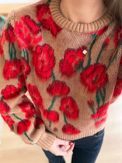 Camel-Kırmızı Floral Kazak