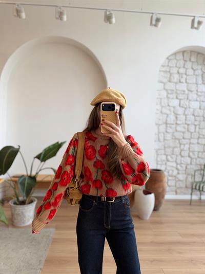 Camel-Kırmızı Floral Kazak