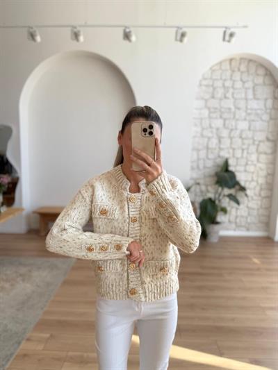 Cep Kapaklı Simli Ekru Triko Ceket