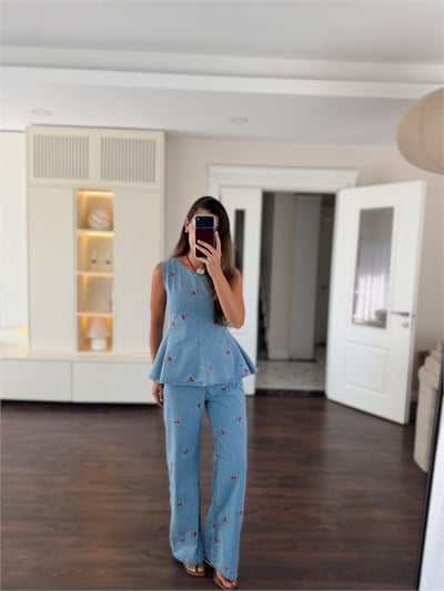 Cherry Nakışlı Mavi Kot Takım