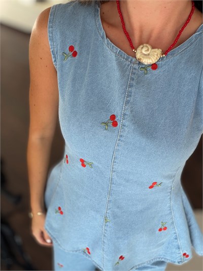 Cherry Nakışlı Mavi Kot Takım