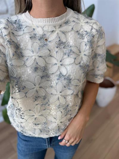 Çiçek Aplikeli Mavi Nakışlı Triko Bluz