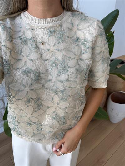 Çiçek Aplikeli Mint Yeşili Nakışlı Triko Bluz